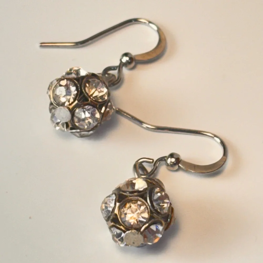 Vintage Crystal Disco Ball Earrings Silver Tone Pave Drop Dangle Y2K Statement